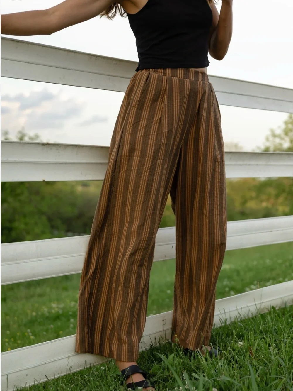 Liz Alig Striped Two-Piece Wide-Leg Set in Brown and Mustard - Picture 11 of 13